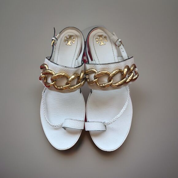 Tory Burch Shoes - Tory Burch Adrien Chain Sandal Ivory Leather Gold Medallion Size 8M Casual